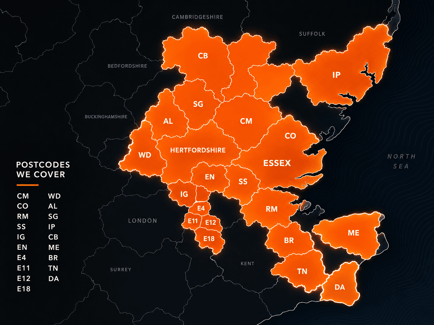 Map of the postcodes Loftsure covers across Essex, Hertfordshire, London, Cambridgeshire, Suffolk and Kent: CM, CO, RM, SS, IG, EN, E4, E11, E12, E18, WD, AL, SG, IP, CB, ME, BR, TN and DA