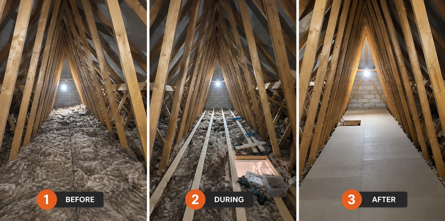Loft boarding before, during and after: insulated loft, raised boarding frame being fitted, and finished boarded floor with hatch